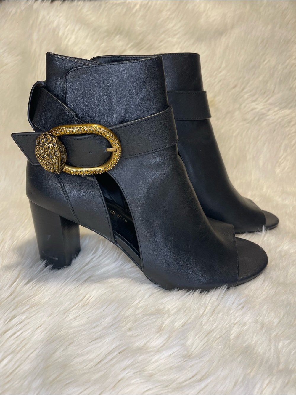 Kurt Geiger Black Open-Toe Ankle Boots with Gold Buckle